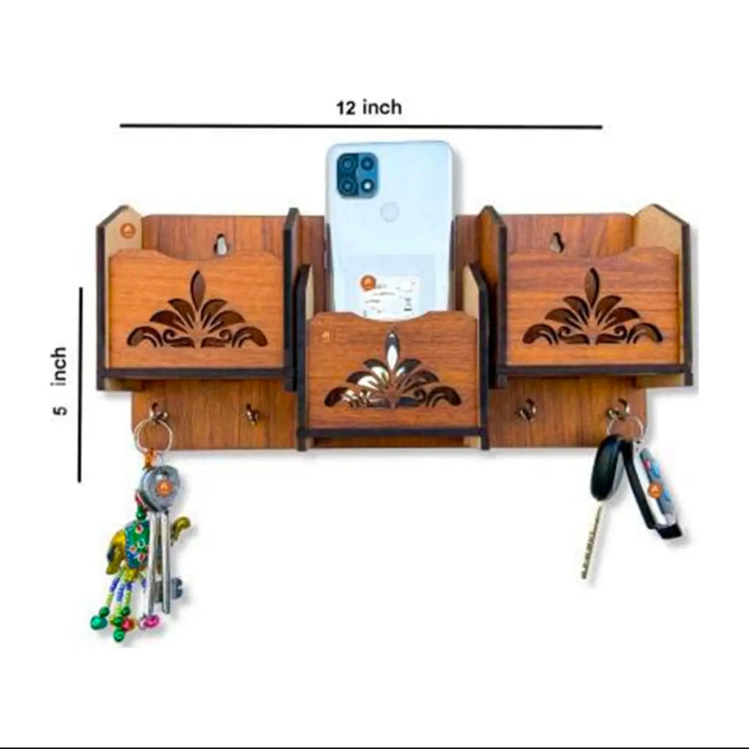 Wooden Wall-Mounted Keychain & Mobile Phone Holder - multicolor 4 Hooks, 3 Pockets