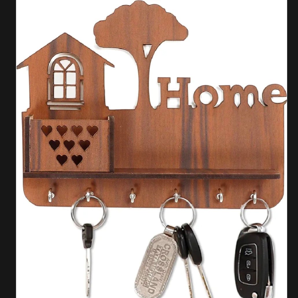 Wooden wall mounted keychain holder with mobile stand - Laser cut tree design brown MDF