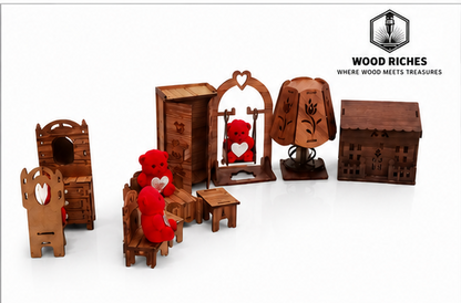 Wooden Miniature Dollhouse Furniture Set for Kids – Handmade Wooden Bedroom & Living Room Toy Set with Swing, Wardrobe, Lamp & money Box | Montessori Pretend Play Doll House Accessories | Educational Gift for Boys & Girls
