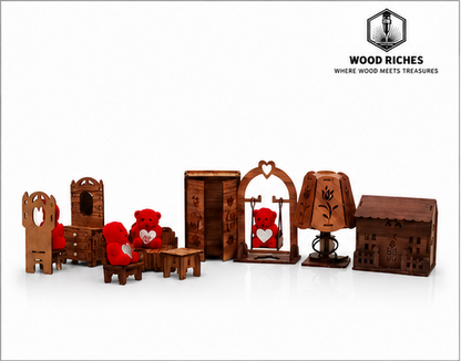 Wooden Miniature Dollhouse Furniture Set for Kids – Handmade Wooden Bedroom & Living Room Toy Set with Swing, Wardrobe, Lamp & money Box | Montessori Pretend Play Doll House Accessories | Educational Gift for Boys & Girls