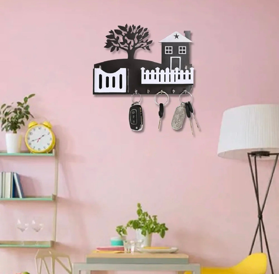 Tree design geometric Wooden Wall-Mounted Keychain & Mobile Phone Holder - Black & White with 5 Hooks**