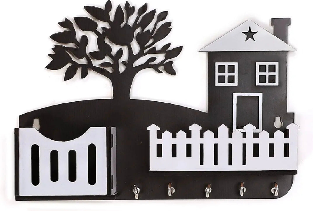 Tree design geometric Wooden Wall-Mounted Keychain & Mobile Phone Holder - Black & White with 5 Hooks**