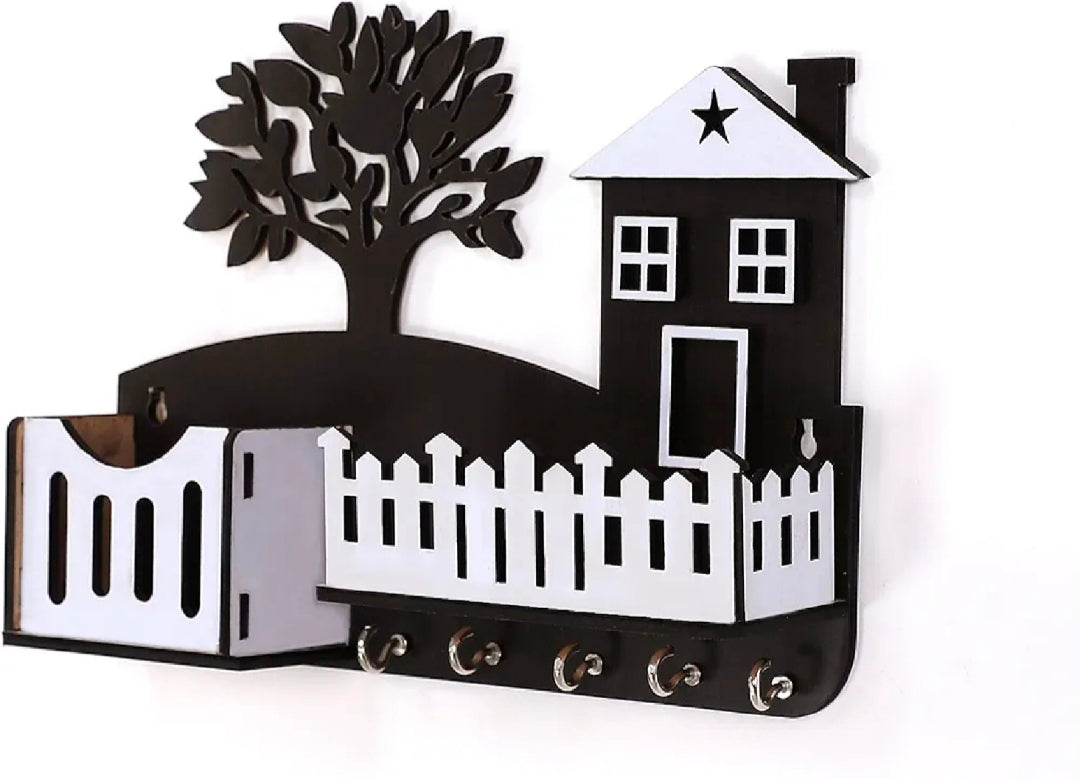 Tree design geometric Wooden Wall-Mounted Keychain & Mobile Phone Holder - Black & White with 5 Hooks**