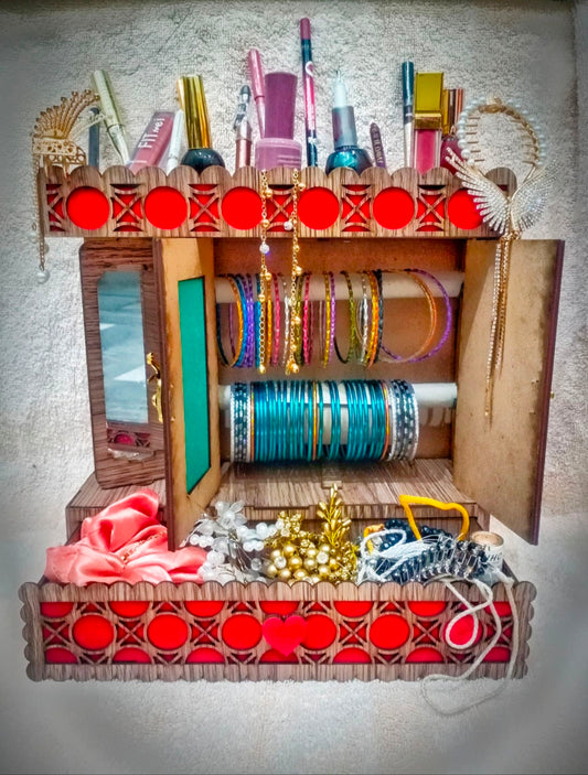 **Wooden Red Velvet Double Door Jewellery Bangle Stand with Drawer & Makeup Organizer**