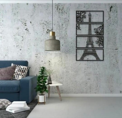 Laser Cut Wooden Eiffel Tower Wall Art – 4-Piece Set, Black MDF, Large Size