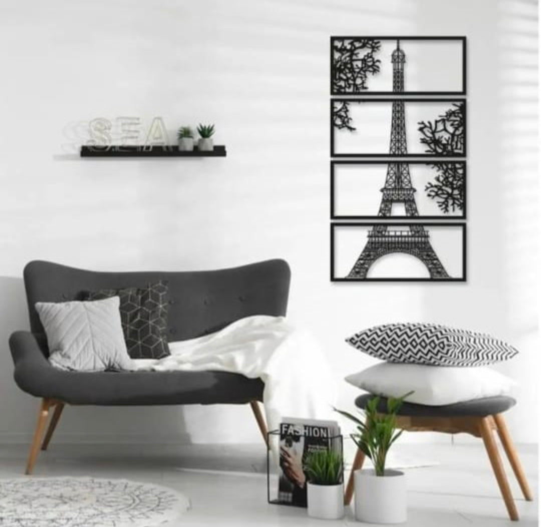 Laser Cut Wooden Eiffel Tower Wall Art – 4-Piece Set, Black MDF, Large Size