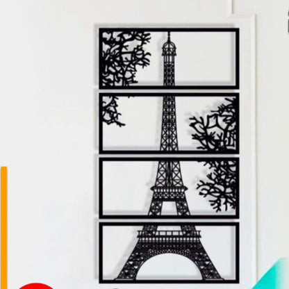 Laser Cut Wooden Eiffel Tower Wall Art – 4-Piece Set, Black MDF, Large Size