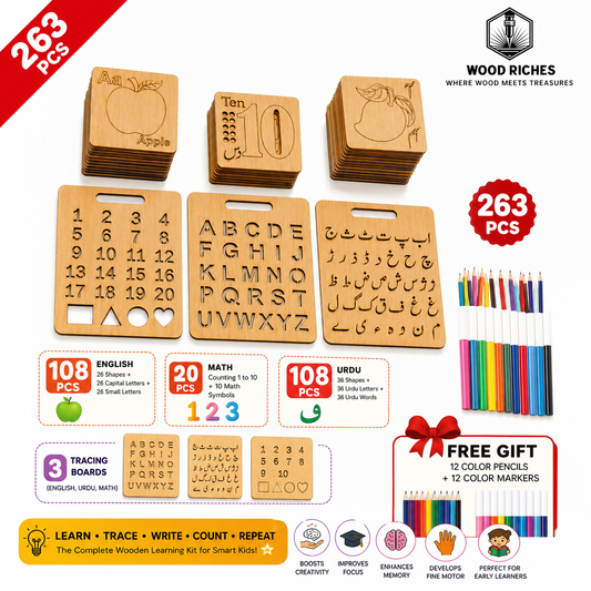 6 in 1 Wooden Educational Learning Kit for Kids | English, Urdu & Math Tracing Boards | Alphabet & Number Stencils | Shape Puzzle Montessori Toy | 263 PCS | Free Markers & Color Pencils
